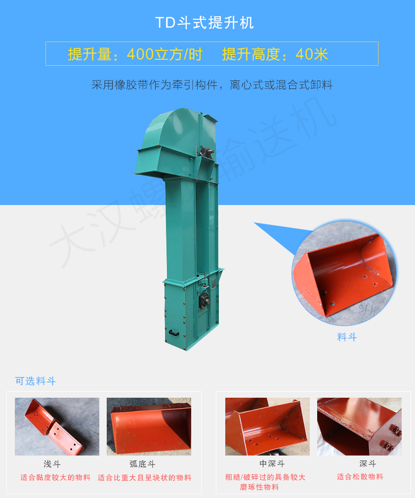 TD鬥式（shì）提升機采用橡膠帶為牽引件，具（jù）有噪音小（xiǎo）、成本底的優點，根據不同物料可配置（zhì）不同料鬥：Q型(淺鬥)、H型(弧底鬥)、ZD型(中深鬥)以及SD型(深鬥)